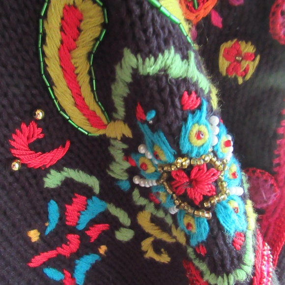 Funky Colorful Art-to-Wear Embroidered Cardigan Sweater Work in Progress Sz L - Picture 6 of 12